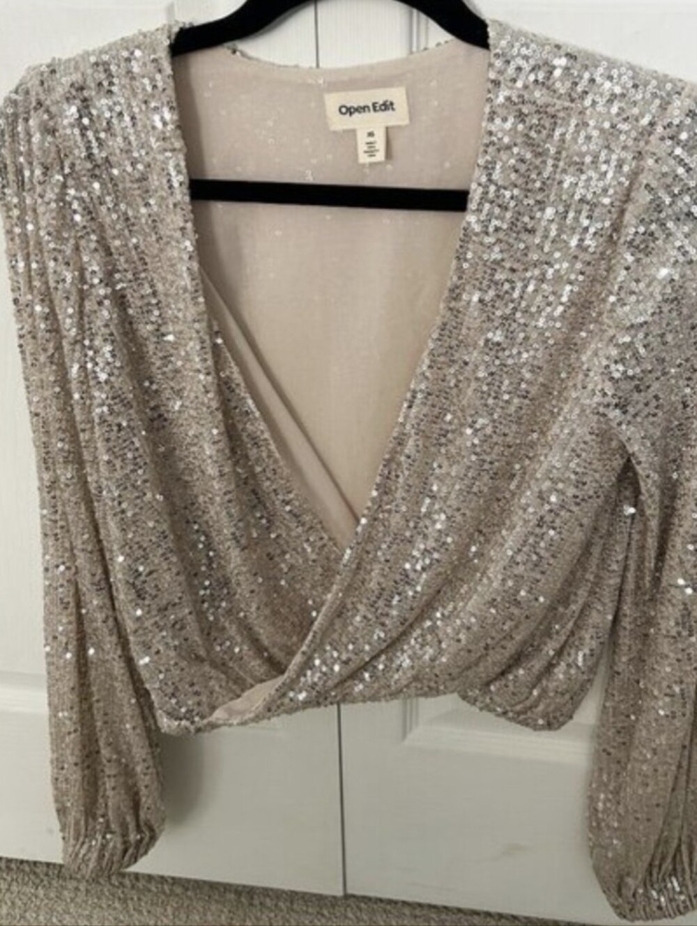Pale Metallic Sequin Draped Wrap Top Plunging Neckline - Picture 2 of 7